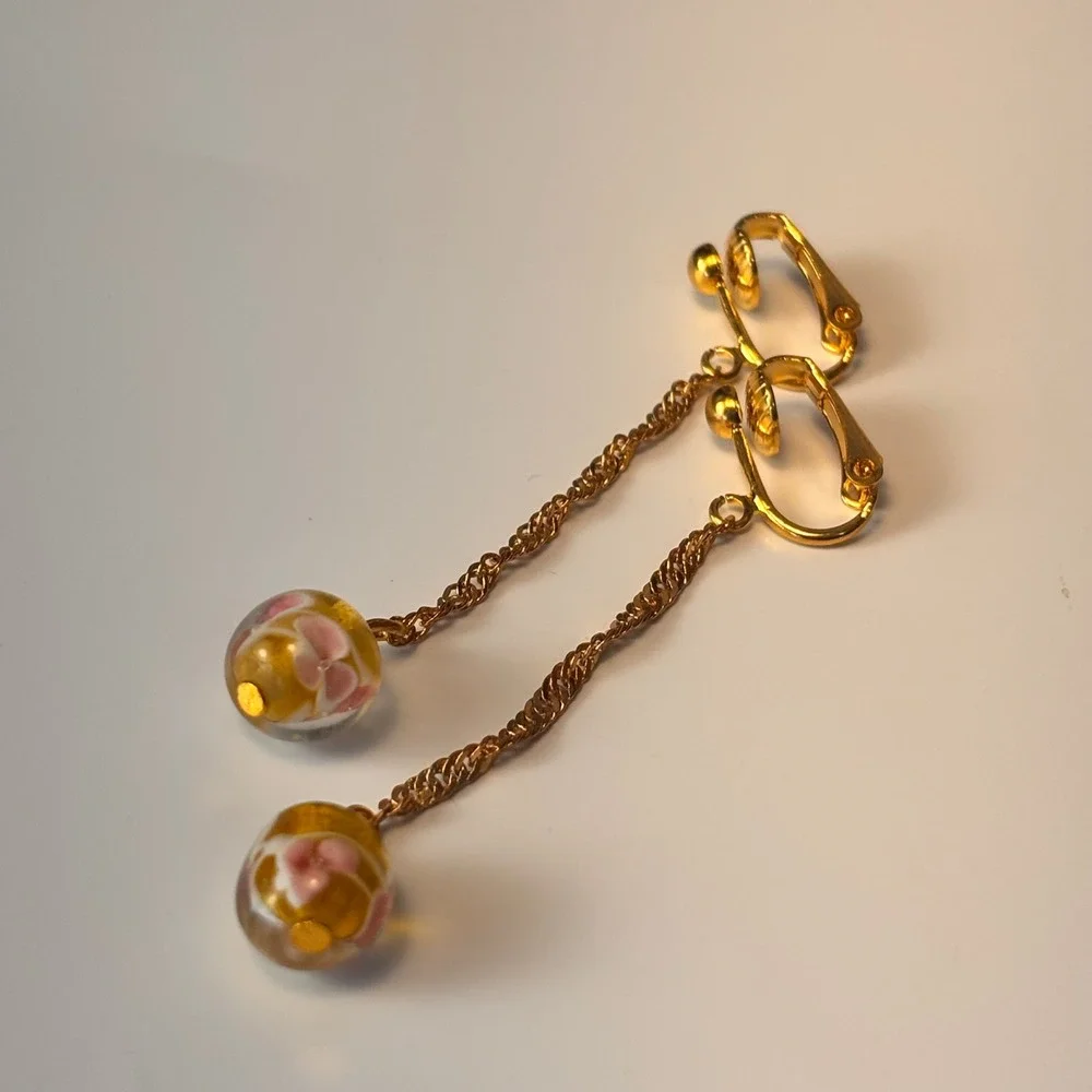 Vintage Glass Drop Earrings Gold Pink Floral Dangle Whimsygoth Boho Chic PL331